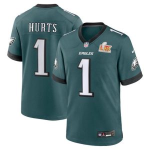 Men's Philadelphia Eagles #1 Jalen Hurts  Midnight Green Super Bowl LIX Game Player Jersey